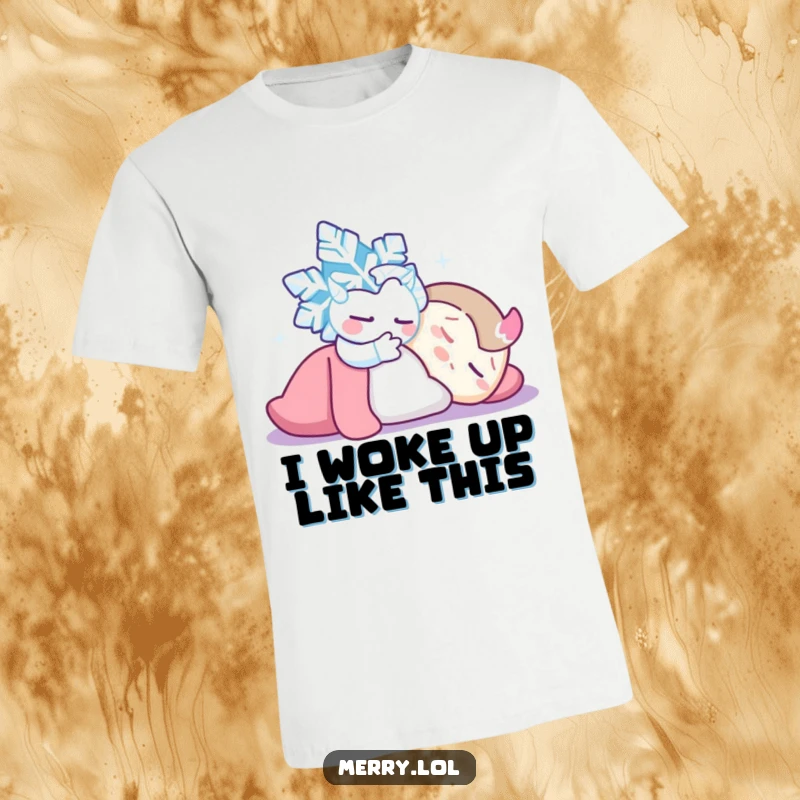 Funny Snowflake Tickle T-Shirt: A playful snowflake character tickling a slumbering figure. Whimsical winter humor for any occasion.