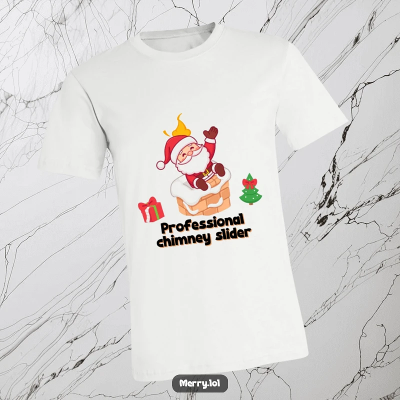 Funny Santa T-Shirt featuring Santa sliding down a chimney with a cheerful wink, a festive and humorous apparel choice.