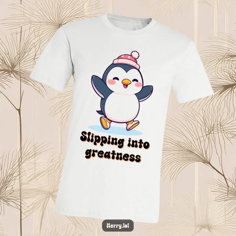 Funny penguin ice skating with a tiny hat, depicted in a joyous and active pose on this humorous t-shirt.