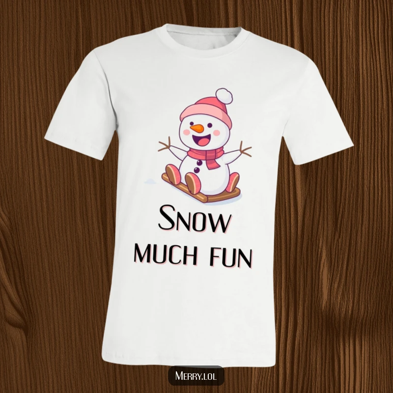 Funny Snowman T-Shirt depicting a cheerful character sliding down a snowy hill, ideal for winter lovers and anyone who enjoys outdoor fun.