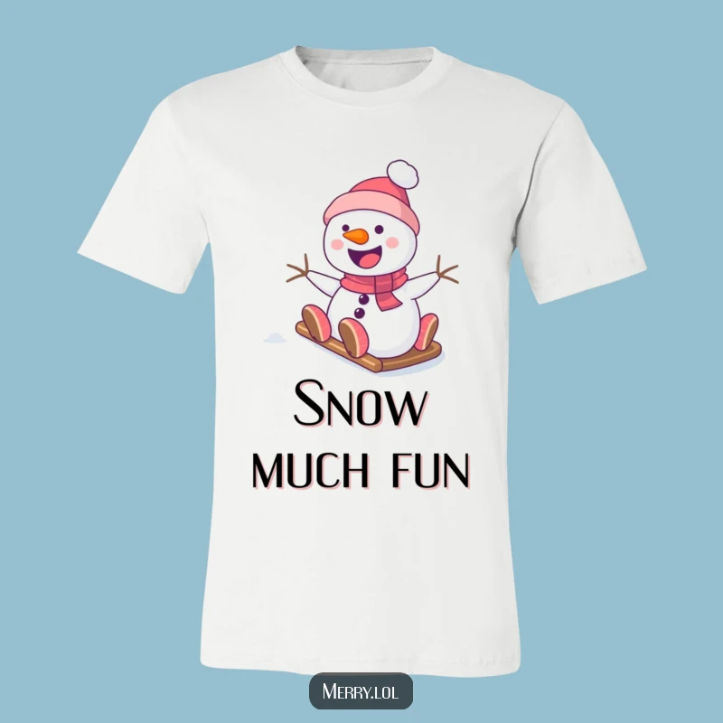 Funny Snowman T-Shirt - Smiling Character Sliding Down Hill
