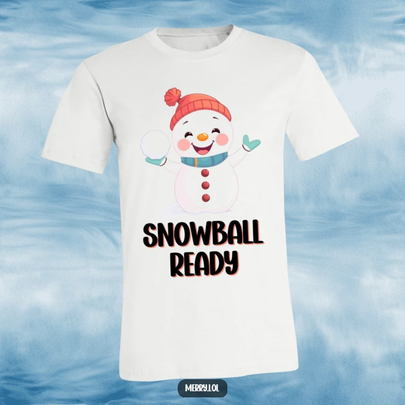 Funny T-Shirt with a playful snowman character captured in a joyful, dynamic snowball fight pose, ready for action.