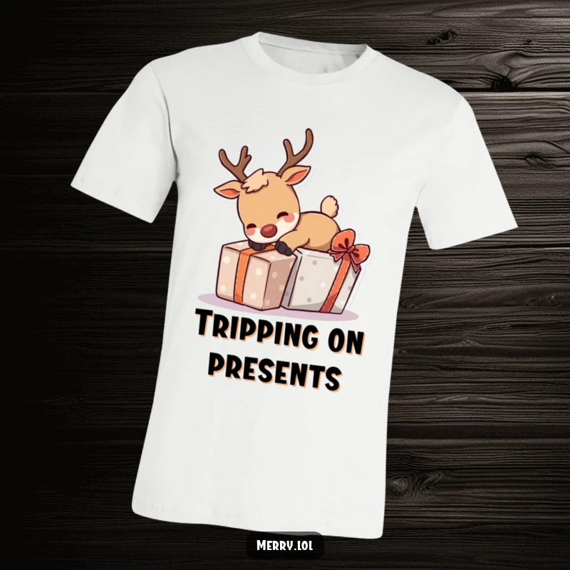 Funny t-shirt featuring a playful reindeer character stumbling over a gift, captured in a moment of charming holiday clumsiness.