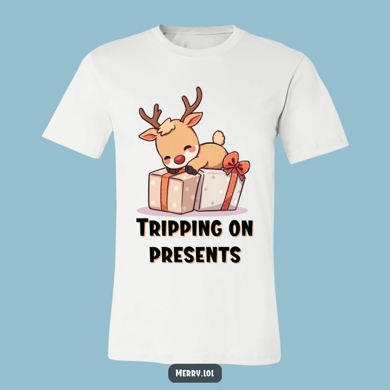 Funny Tripping Reindeer T-Shirt - Playful Holiday Character Tee
