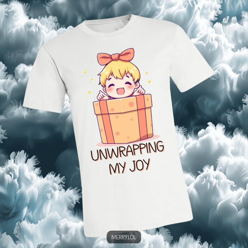 Funny t-shirt featuring a child character excitedly opening a large, brightly wrapped gift box, capturing the thrill of discovery.