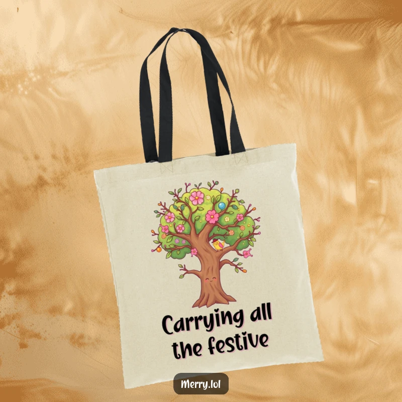 Funny Decorated Tree Tote Bag with a festive character wiggling its branches, ideal for holiday shopping.