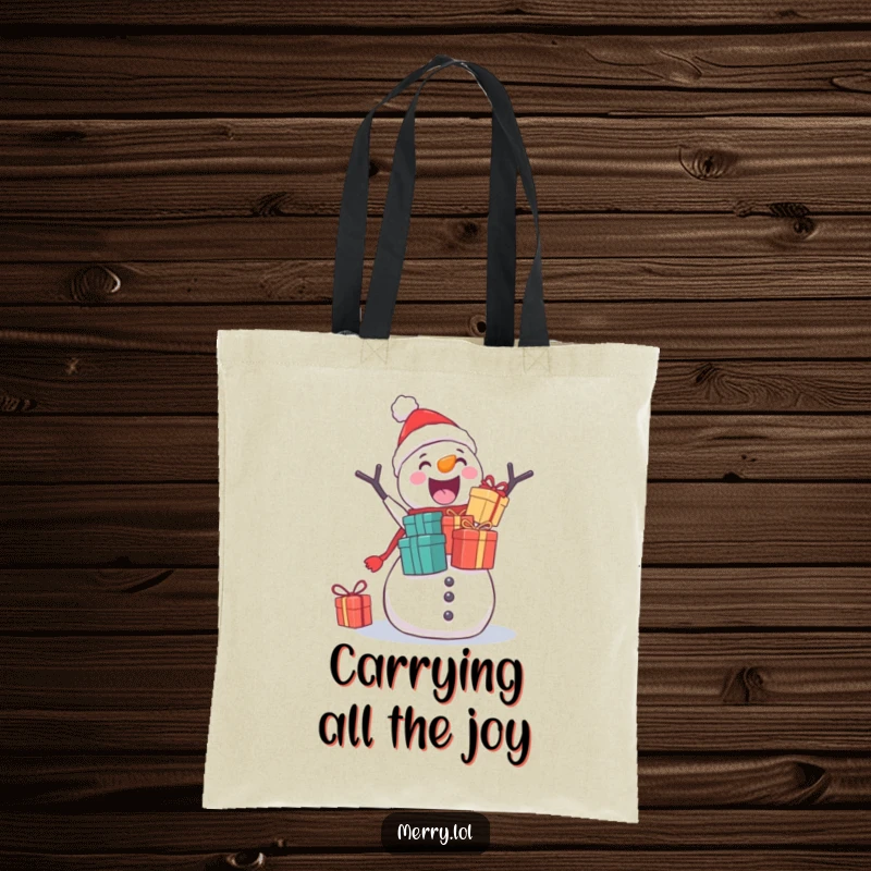 Funny tote bag showcasing an excited snowman struggling to stack numerous Christmas gifts, perfect for holiday errands.