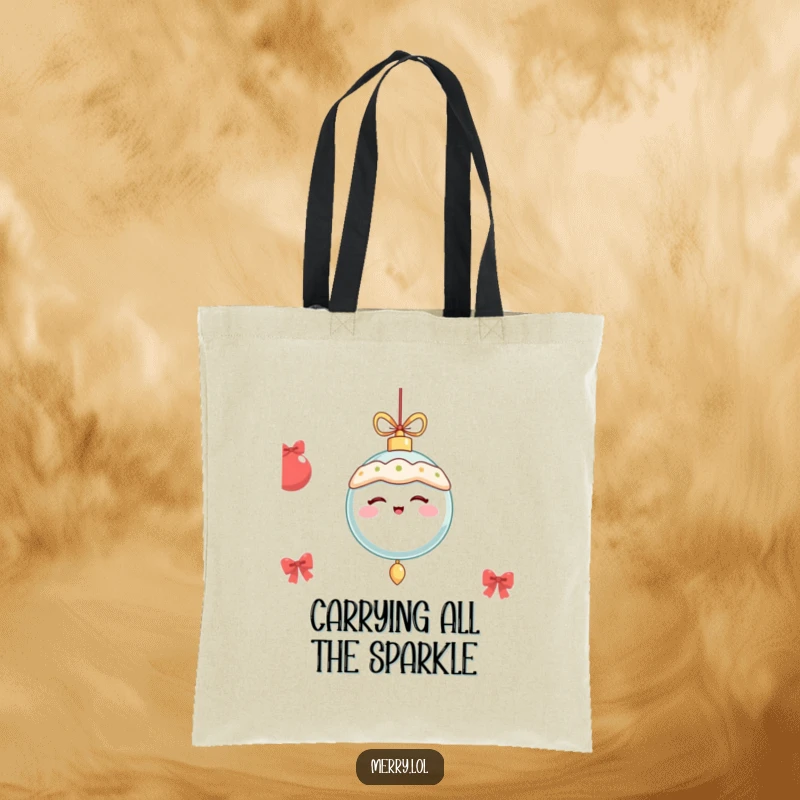 Funny festive ornament winking and dangling merrily, designed on a tote bag for stylish holiday shopping.