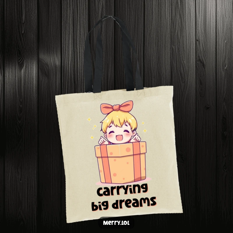 Funny tote bag with a child character excitedly opening a large, brightly wrapped gift box, symbolizing the joy of receiving gifts.