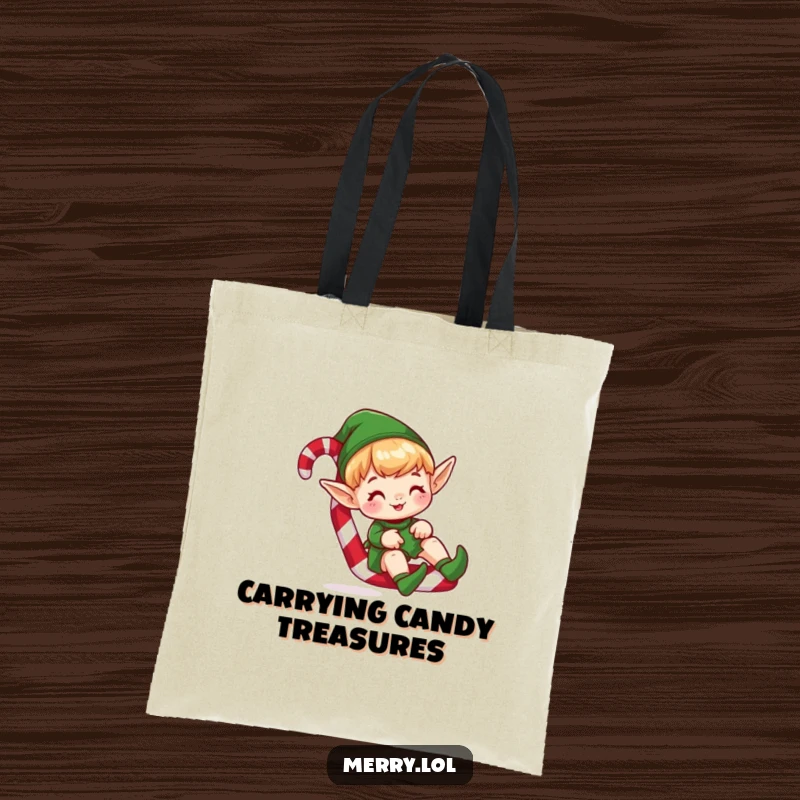 Funny tote bag featuring a cute elf character gleefully sliding down a candy cane, perfect for carrying holiday cheer.