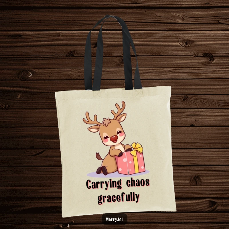 Funny tote bag: A giggling reindeer with sparkly antlers hilariously trips over a present, showcasing a chaotic yet cheerful holiday scene.