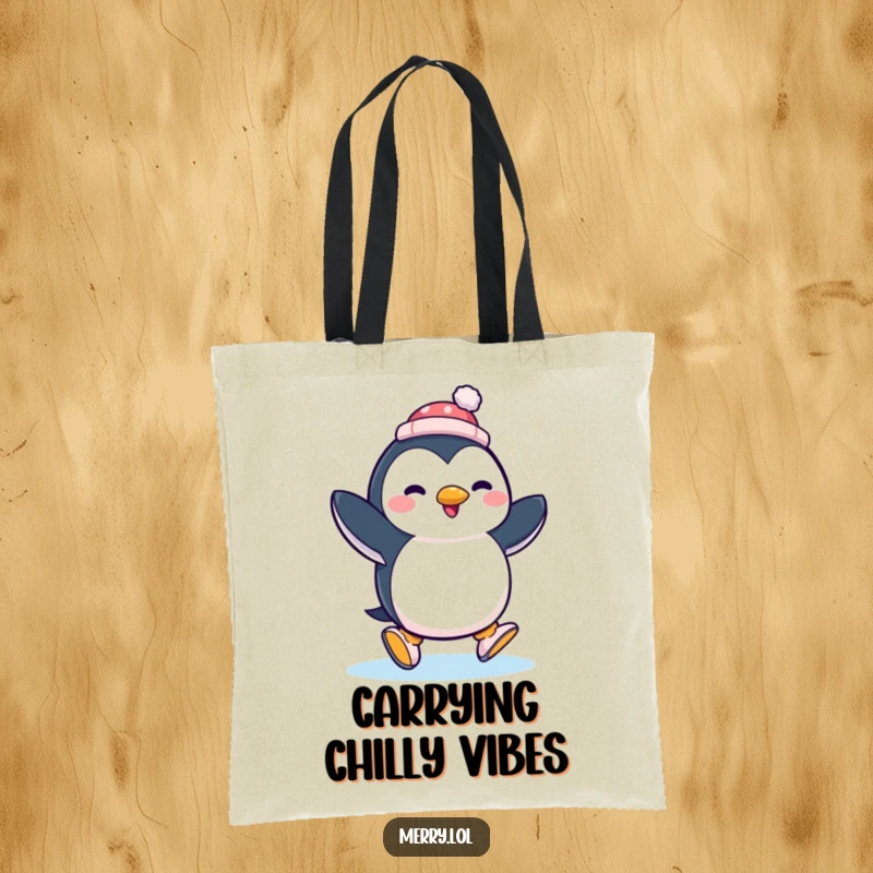 Funny penguin ice skating with a tiny hat, depicted on a stylish tote bag, ready for shopping or skating.