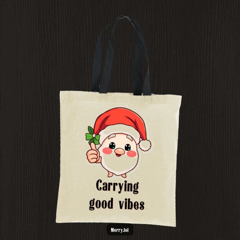 Funny tote bag with a Merry Santa hat character giving a jolly thumbs up, great for holiday shopping.