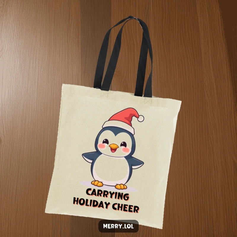 Funny Penguin Santa Hat Tote Bag: A cute penguin character with a small Santa hat, holding holiday spirit. Practical and fun.