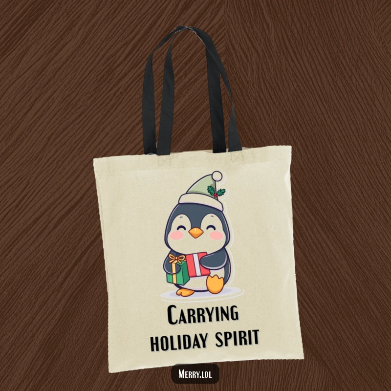 Funny penguin character tote bag wearing a tiny festive hat and holding a gift, a humorous design for a practical funny gift.
