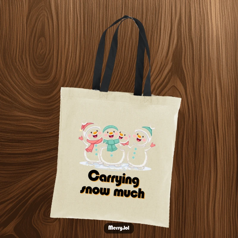 Funny group of cute snowmen holding hands and singing happily on a tote bag, representing winter harmony.