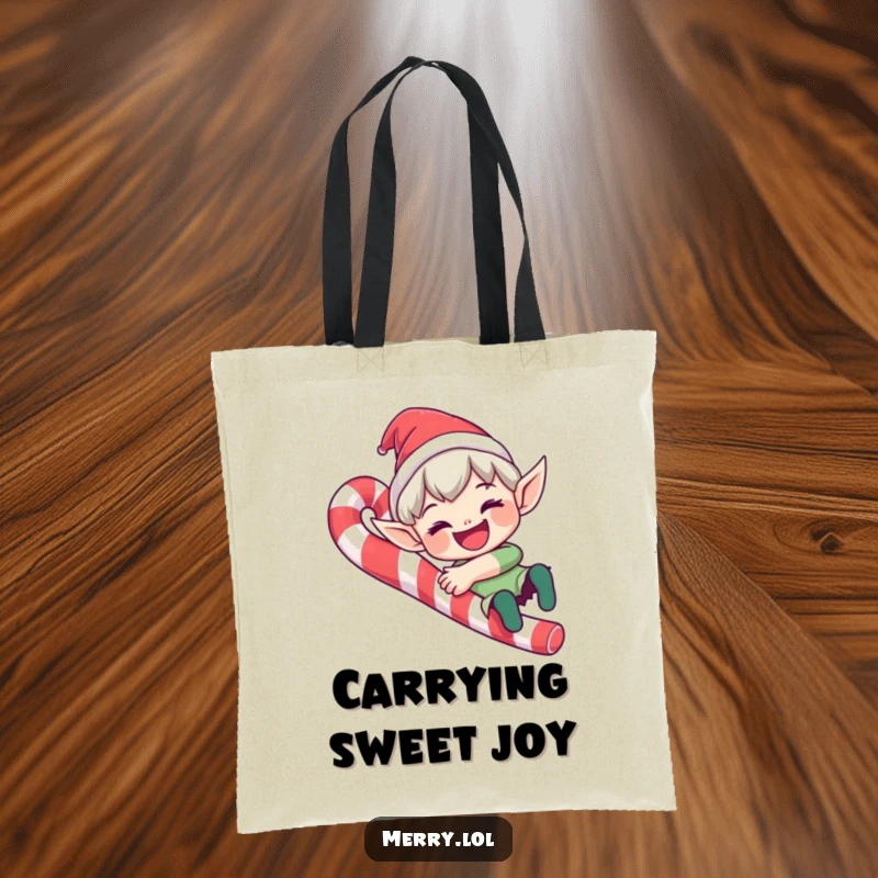 Funny elf character tote bag sliding down a candy cane with a wide grin, a humorous design for a practical funny gift.