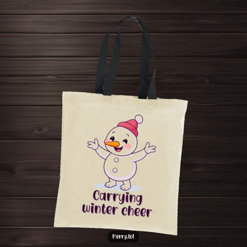 Funny snowman character tote bag performing a clumsy jig with a carrot nose, a humorous design for a practical funny gift.