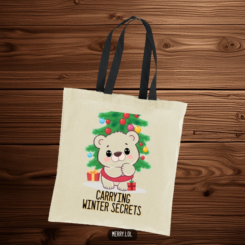 Funny Polar Bear Tote Bag with a surprised character peeking from behind a Christmas tree, a cute and practical accessory for holiday essentials. Great for shopping.