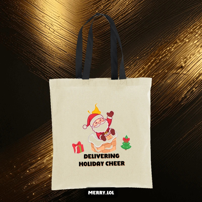 Funny Santa tote bag with Santa Claus joyfully sliding down a chimney, a humorous and practical holiday accessory.