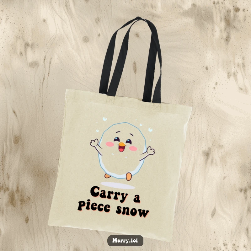 Funny Cheerful Snowball Tote Bag: A happy snowball character bouncing with glee. Charming and practical for everyday use. Gift idea.