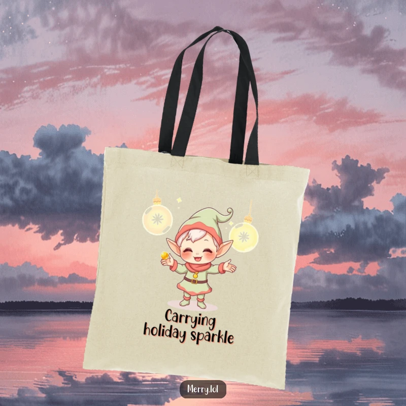 Funny Elf Tote Bag with a giggling character juggling glowing ornaments, a cute and practical accessory for carrying holiday essentials. Great for shopping.