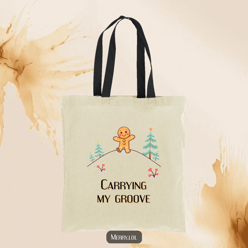 Funny gingerbread man tote bag with a happy character doing a jig on a snowy hill, a festive accessory.