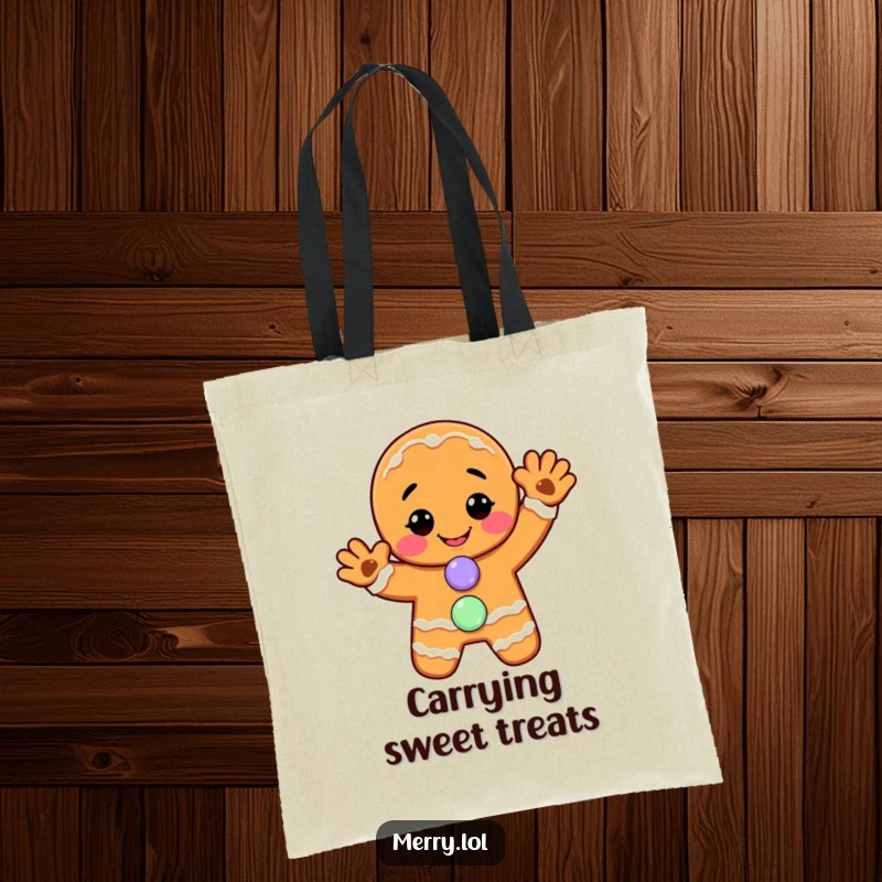 Funny tote bag: A smiling gingerbread man gives a cheerful wave, his candy button accentuating his friendly and sweet demeanor.