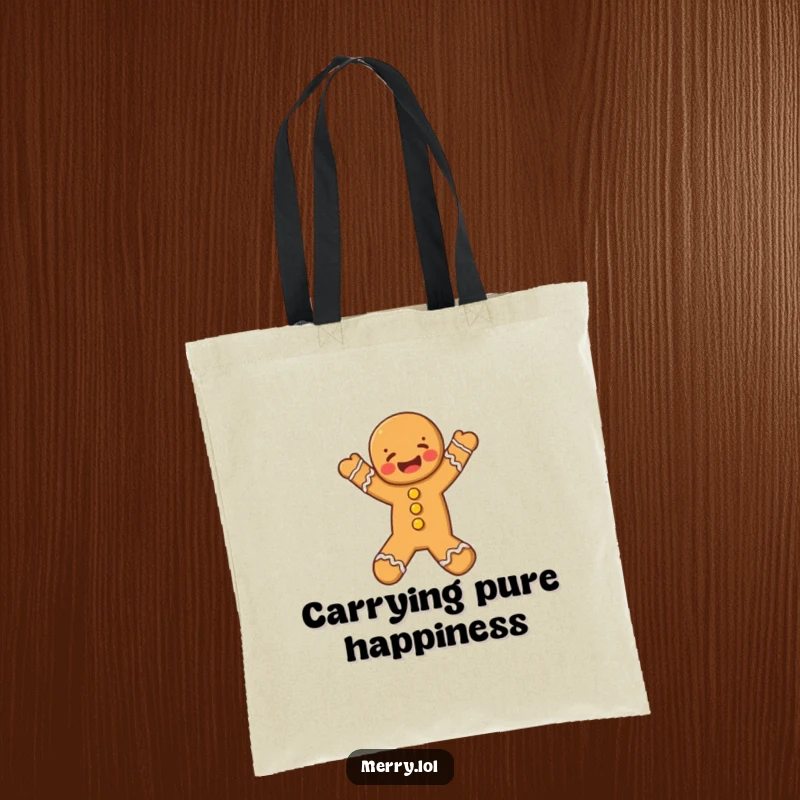 Funny Gingerbread Man Tote Bag showing a happy character leaping with excitement, ready for adventure.