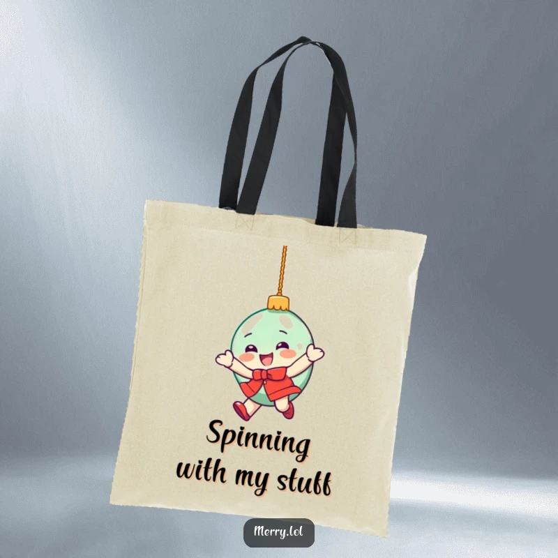Funny tote bag with a delighted Christmas ornament character in a dizzying spin, great for holiday shopping.