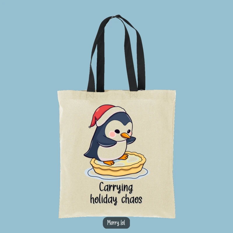 Funny Penguin Pie Skating Tote Bag - Santa Hat Humor