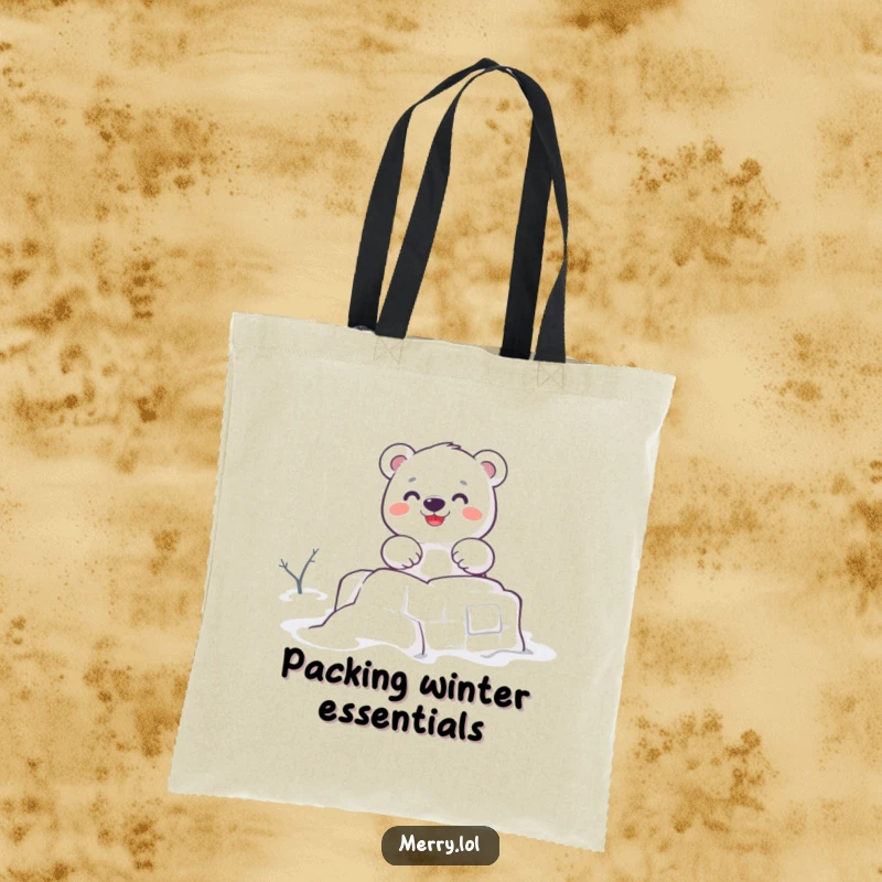 Funny tote bag with a cute polar bear character enthusiastically building a snow fort, symbolizing winter fun and a playful spirit.