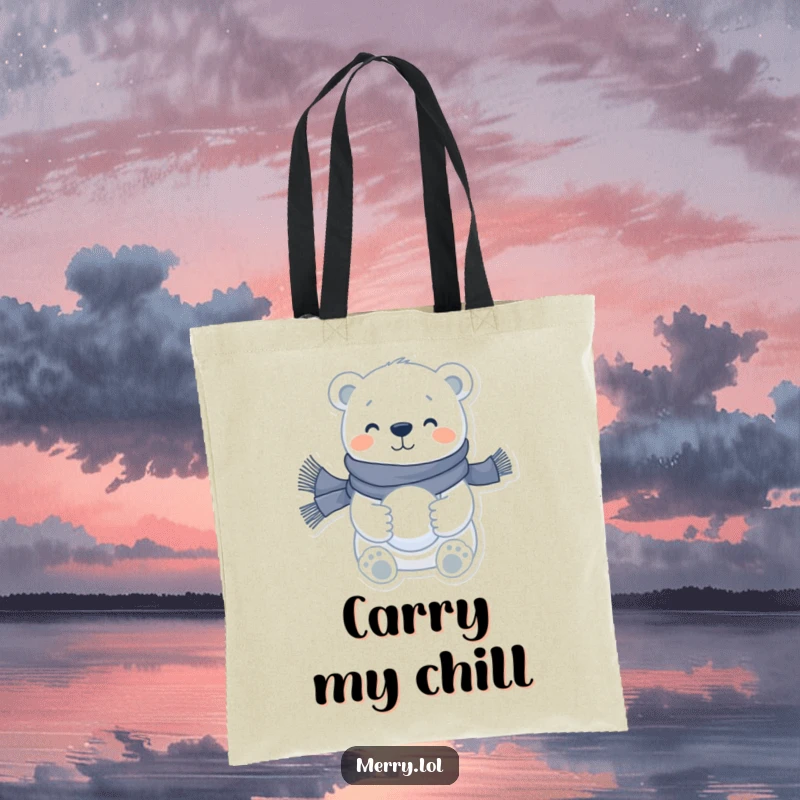 Funny polar bear tote bag with a happy character wearing a scarf and holding a snowball, perfect for carrying winter necessities.