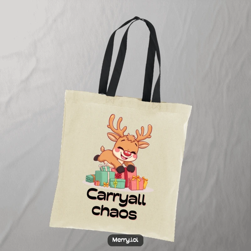 Funny tote bag featuring a cute reindeer character tripping dramatically over a pile of gifts with a goofy, infectious grin.