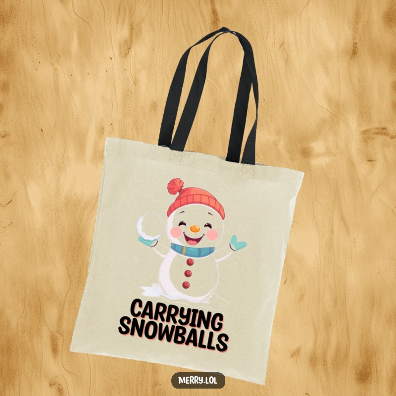 Funny Tote Bag with a playful snowman character striking a joyful pose, ready for a snowball fight, perfect for winter errands.