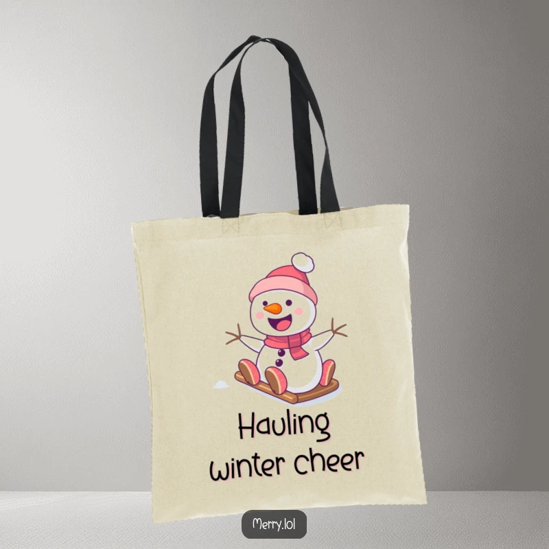Funny Snowman Tote Bag with a smiling character sliding down a snowy hill, a cute and practical accessory for carrying winter essentials. Great for shopping.