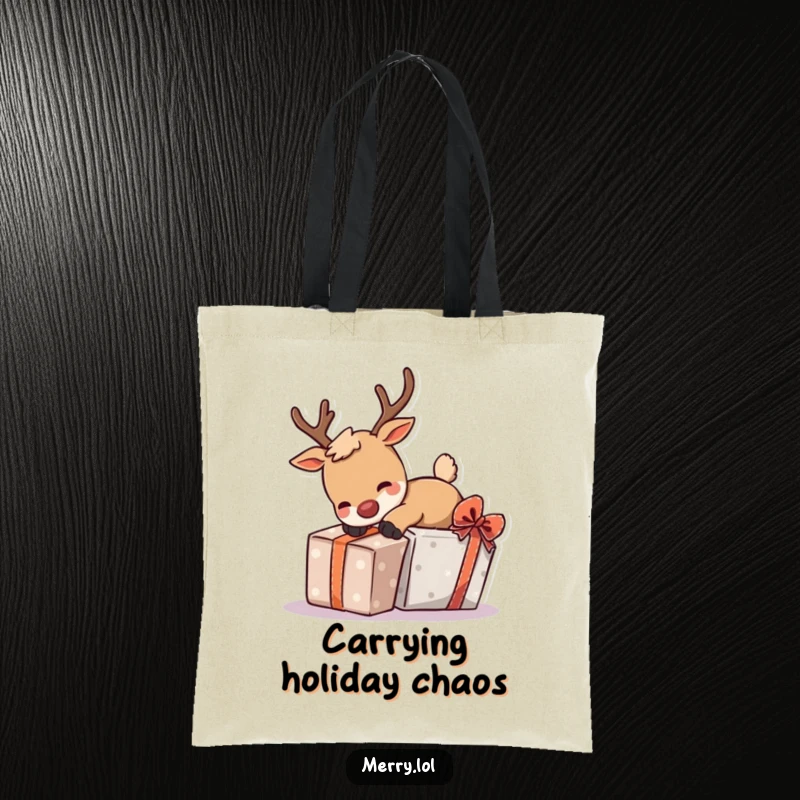Funny tote bag featuring a playful reindeer character stumbling over a gift, perfect for carrying holiday cheer and essentials.