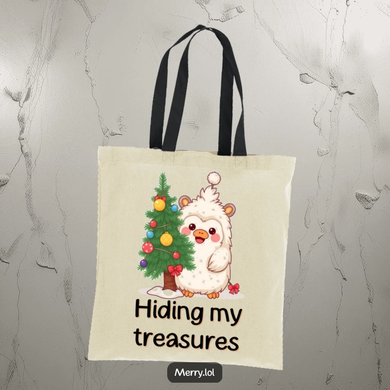 Funny tote bag with a playful yeti hiding behind a decorated pine tree, great for holiday shopping.
