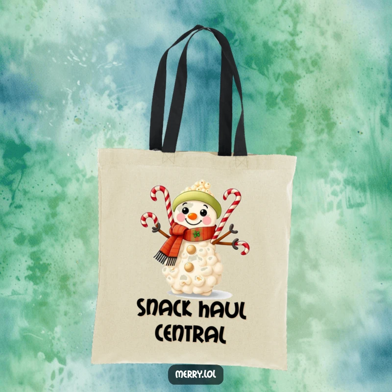 Funny tote bag showcasing a charming popcorn snowman wearing a scarf and juggling candy canes, perfect for festive outings.