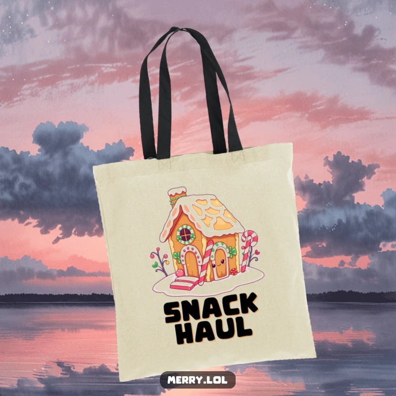 Funny tote bag with a cute gingerbread house character stealing a bite from its candy cane chimney, a charming and humorous accessory.