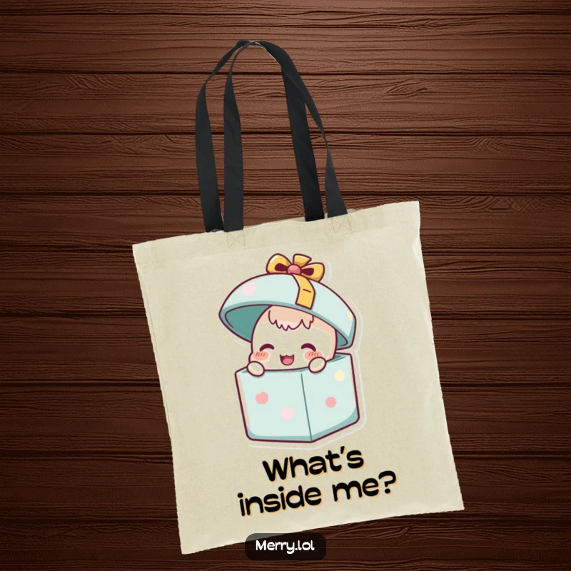 Funny Happy Present Tote Bag: A happy gift box character popping its lid open. Perfect for carrying items with festive flair.